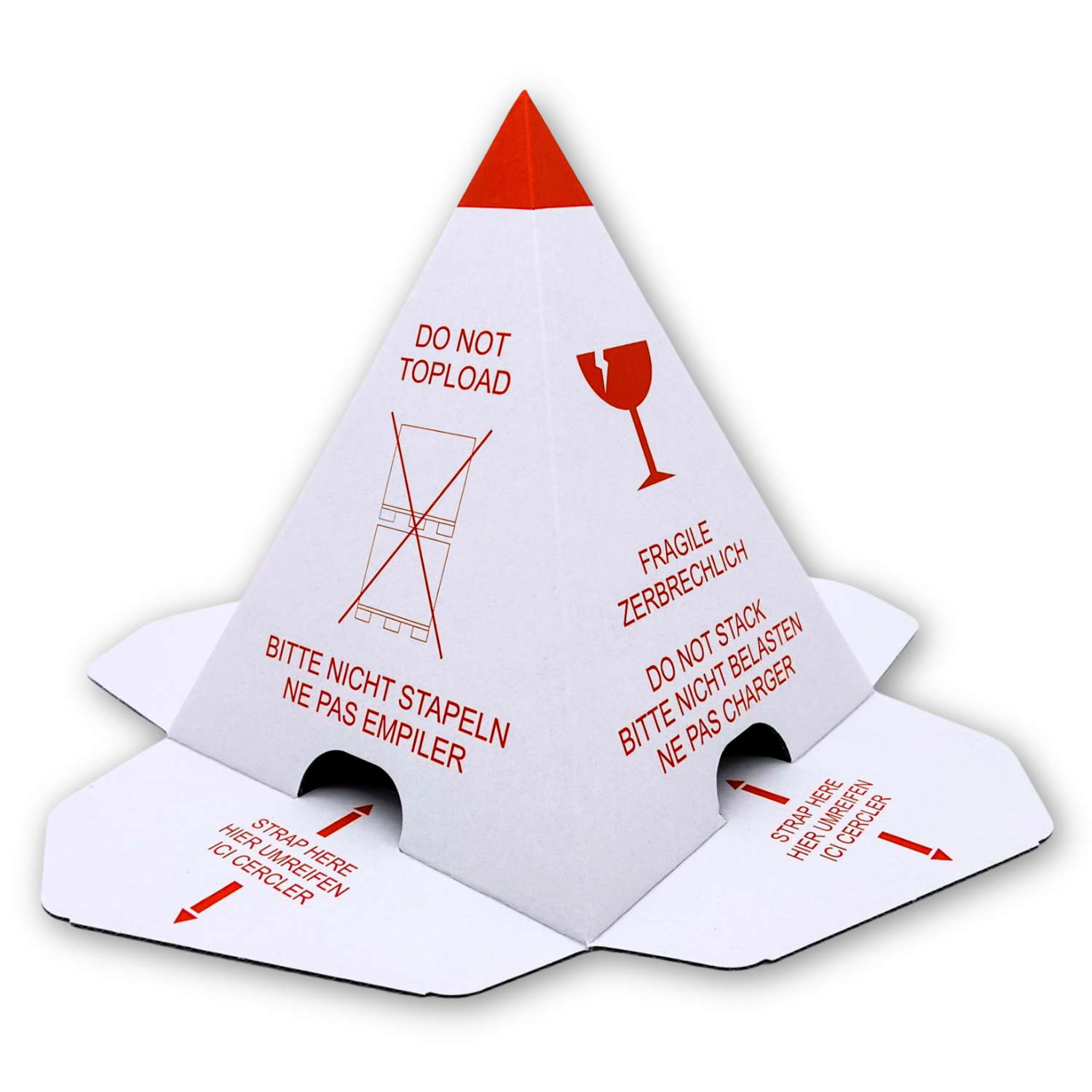 PaperXpert Palettenhütchen/Stapelschutzpyramide "Nicht stapeln" | mit Selbstklebeverschluß | Karton weiß mit rotem Druck | effektiver Stapelschutz | Premium Markenqualität – Made in Germany - ab 100 Stück