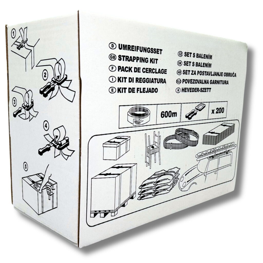 PaperXpert Umreifungs-Set | Umreifungsset | 600 Meter PP-Umreifungsband | inkl. 200 PP-Verschlussklammern | extra starker Halt | Einfache Anwendung