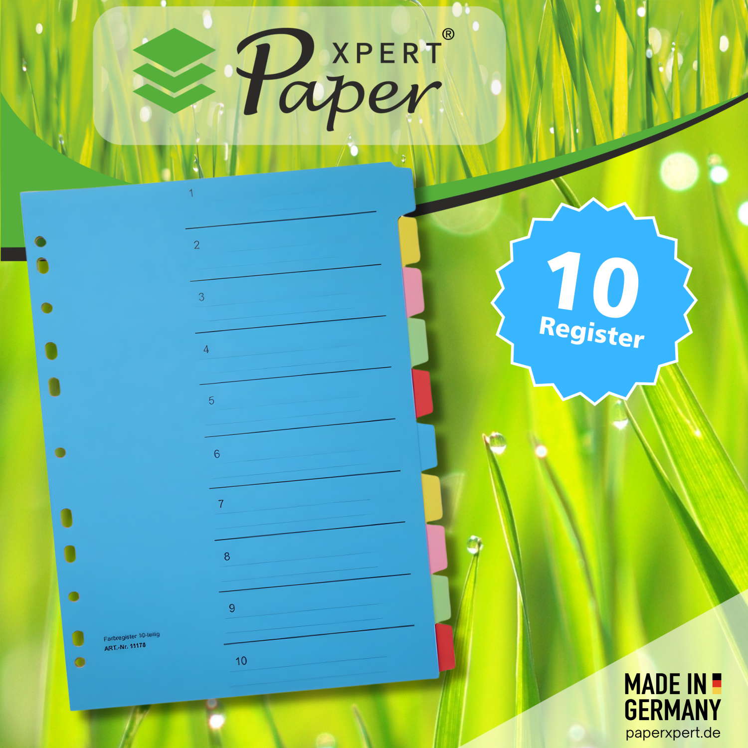 PaperXpert Farbregister „farbsortiert“ aus Karton 10-teilig | DIN A4 | 180 g/qm Karton | mit Eurolochung und geschweiften Taben | Linierung und Numerierung | Premium Markenqualität – Made in Germany – Bild 2