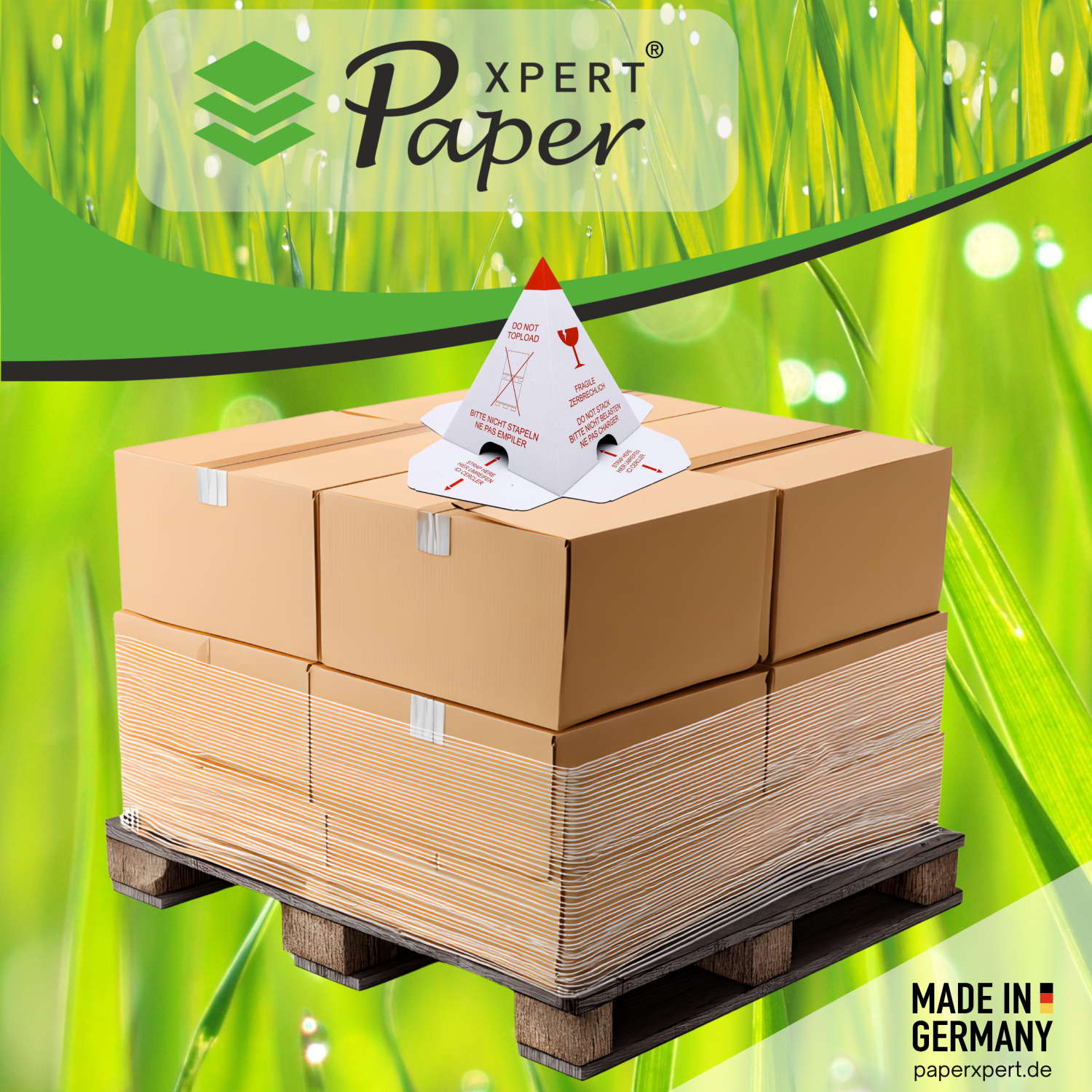 PaperXpert Palettenhütchen/Stapelschutzpyramide "Nicht stapeln" | mit Selbstklebeverschluß | Karton weiß mit rotem Druck | effektiver Stapelschutz | Premium Markenqualität – Made in Germany - ab 100 Stück – Bild 5