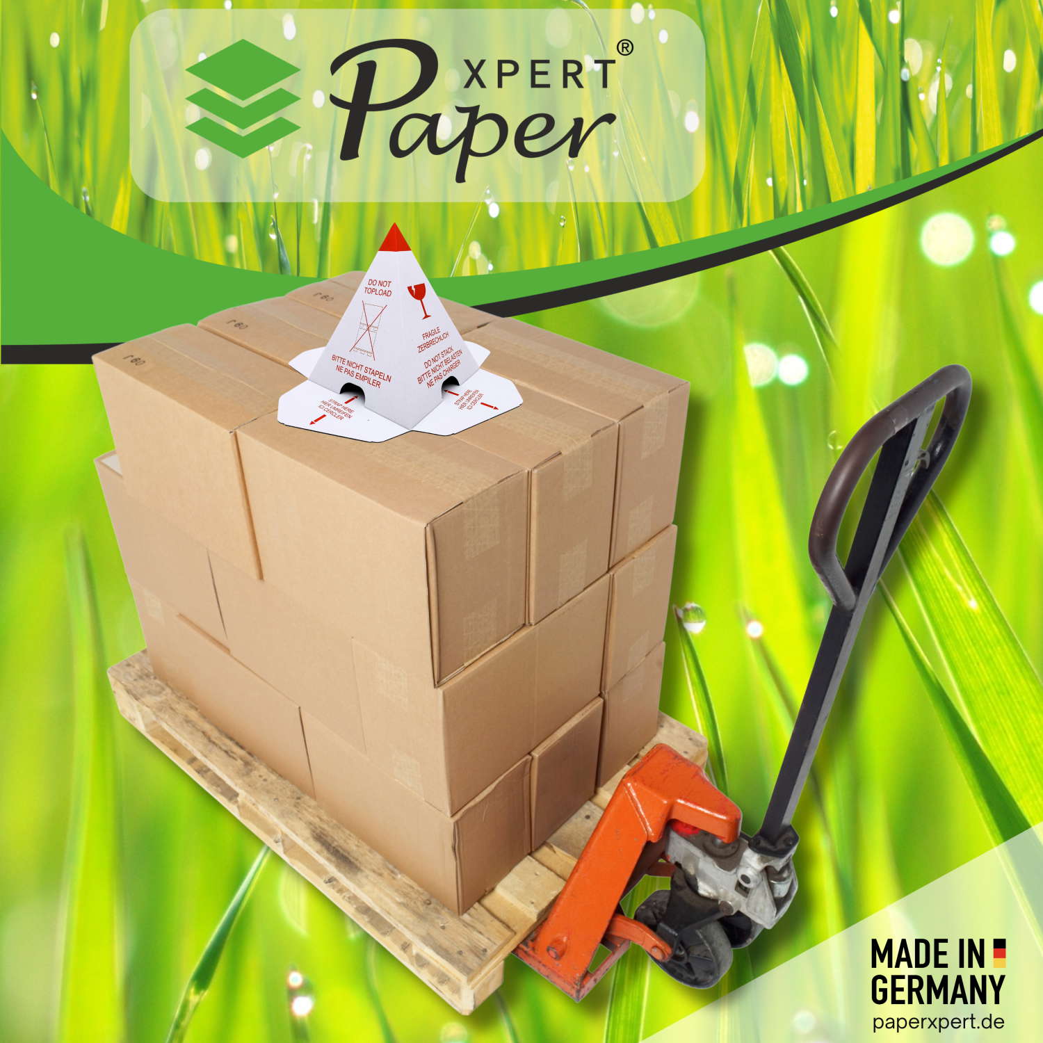 PaperXpert Palettenhütchen/Stapelschutzpyramide "Nicht stapeln" | mit Selbstklebeverschluß | Karton weiß mit rotem Druck | effektiver Stapelschutz | Premium Markenqualität – Made in Germany - ab 100 Stück – Bild 6