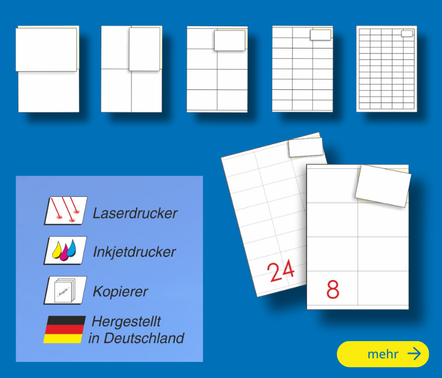 Laseretiketten und selbstklebende Universal-Etiketten eignen sich für zahlreiche Kennzeichnungs- und Beschriftungsaufgaben in Büro, Lager, Versand und Verwaltung. Die Etiketten auf Bogen können individuell bedruckt und beispielsweise für Adressierung, Produktkennzeichnung, Organisation oder Versand eingesetzt werden.
