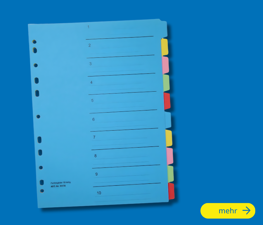 Register aus Karton eignen sich zur übersichtlichen Unterteilung und Strukturierung von Ordnern und Ablagen. Sie helfen dabei, Dokumente, Vorgänge oder Themenbereiche schnell voneinander zu trennen und bei Bedarf leichter wiederzufinden.

Kartonregister sind eine praktische Lösung für Büro, Verwaltung und Archiv und können je nach Ausführung für unterschiedliche Ablage- und Ordnungssysteme eingesetzt werden.