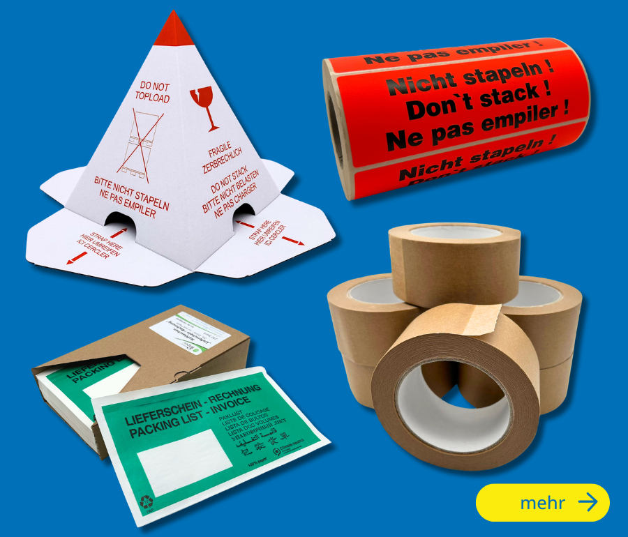 Verpackungsmaterial und Versandbedarf Verpackungsmaterial und Versandbedarf mit Klebebändern, Dokumententaschen, Etiketten und Kennzeichnungslösungen