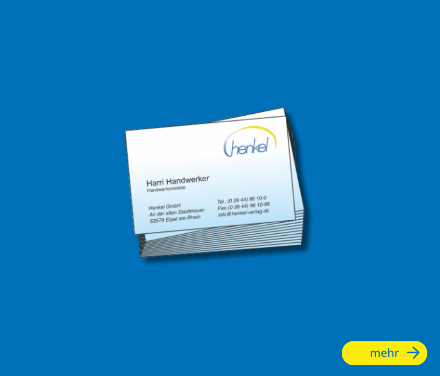 Visitenkarten Mit individuell bedruckten Visitenkarten präsentieren Sie Ihr Unternehmen und Ihre Kontaktdaten kompakt und professionell. Gestaltung, Format, Papier und Druck können auf Ihren Unternehmensauftritt abgestimmt werden.
Geeignet für Mitarbeiter, Vertrieb, Außendienst, Veranstaltungen und den persönlichen Kundenkontakt.