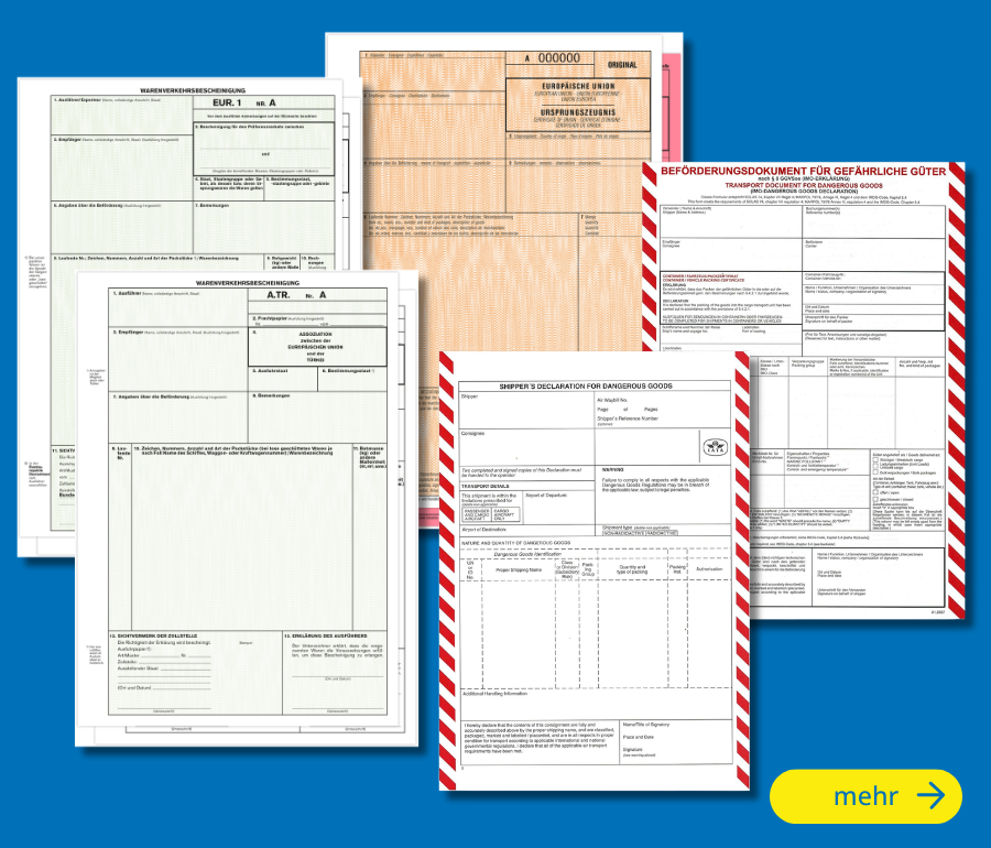 Formulare für Zoll, Export und Außenhandel wie Warenverkehrsbescheinigungen EUR.1 und A.TR, Ursprungszeugnisse, Langzeit-Lieferantenerklärungen, IMO-Erklärungen und Shipper’s Declarations.